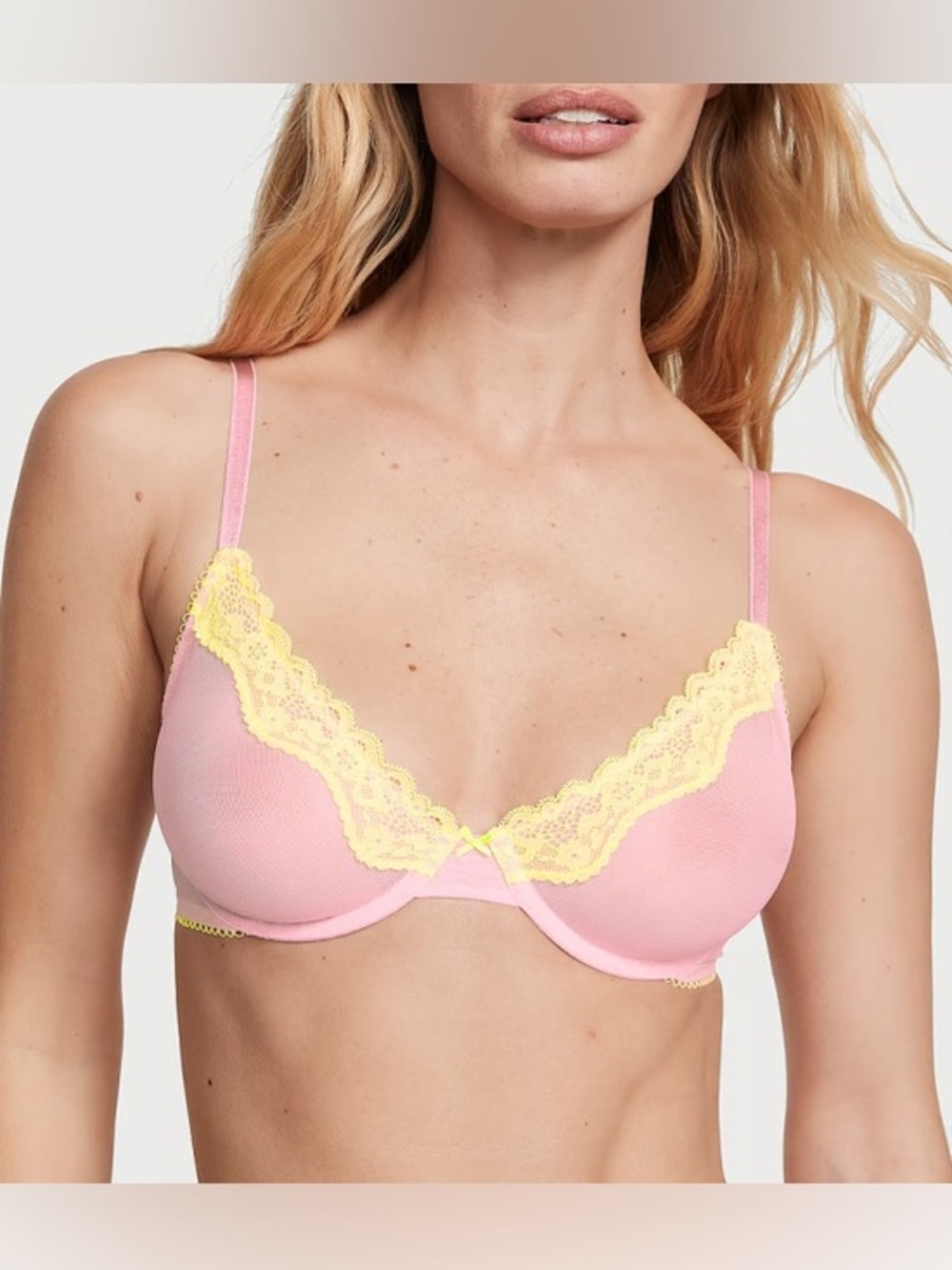 Victoria’s Secret Tease Unlined Demi Bra 36DD Pink Yellow Lace Underwire